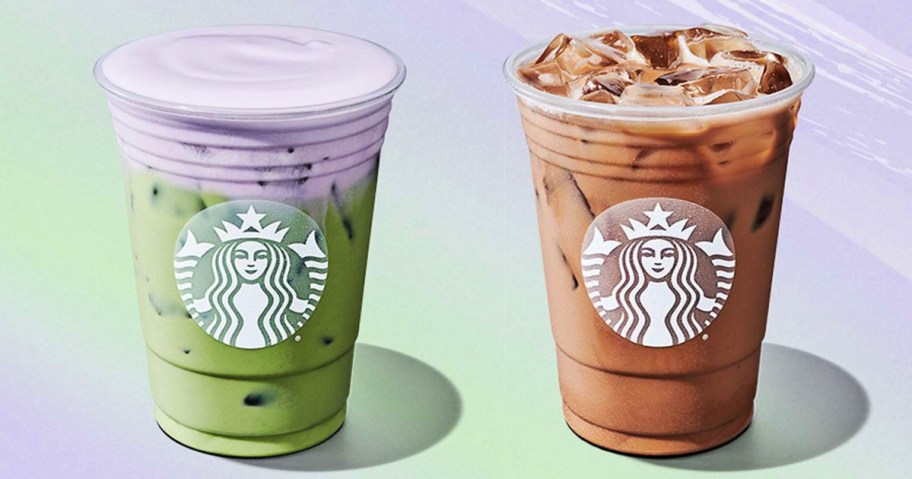 green and purple beverage in a starbucks cup next to a starbucks cup with coffee in it