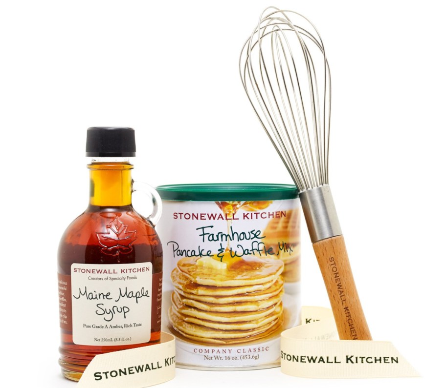 maple syrup, panckake mix, and a whisk