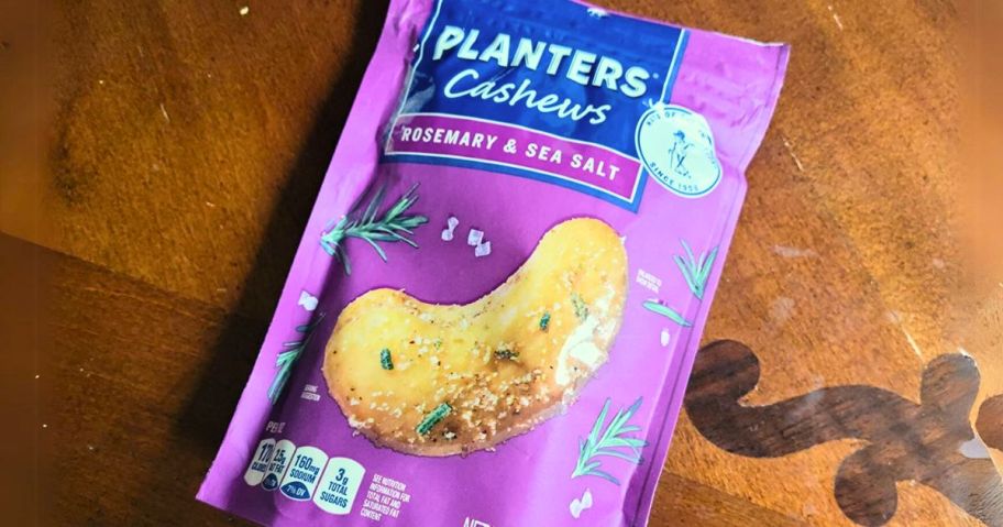 bag of Planters Cashews in Rosemary & Sea Salt laying on a table