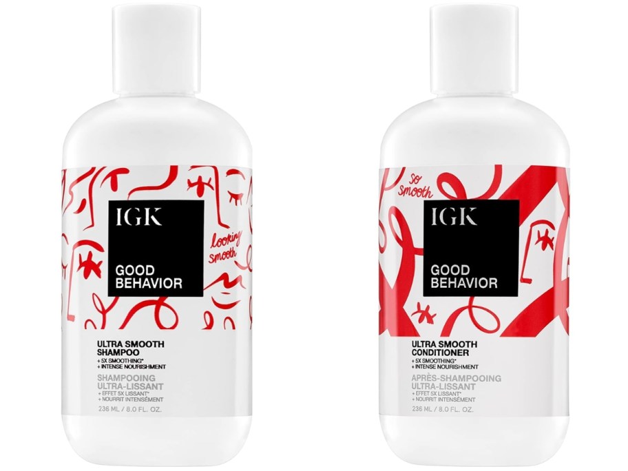 white, red and black IGK Good Behavior Ultra Smooth Shampoo and Conditioner bottles