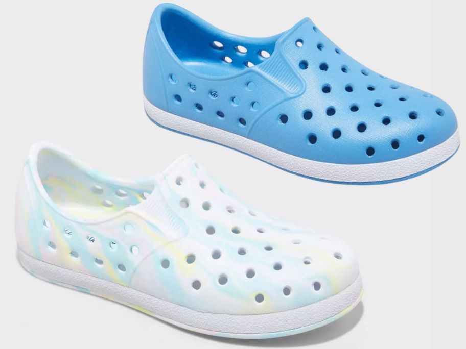 toddler slip on water shoes, 1 in white with marble coloring and 1 in light blue