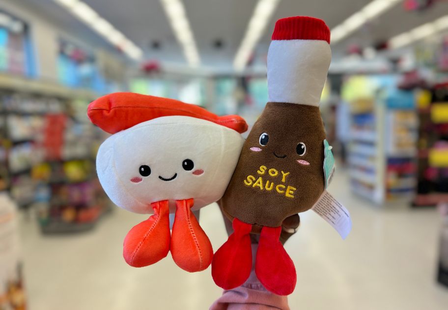 hand holding a plush pair - Sushi and Soy Sauce Bottle