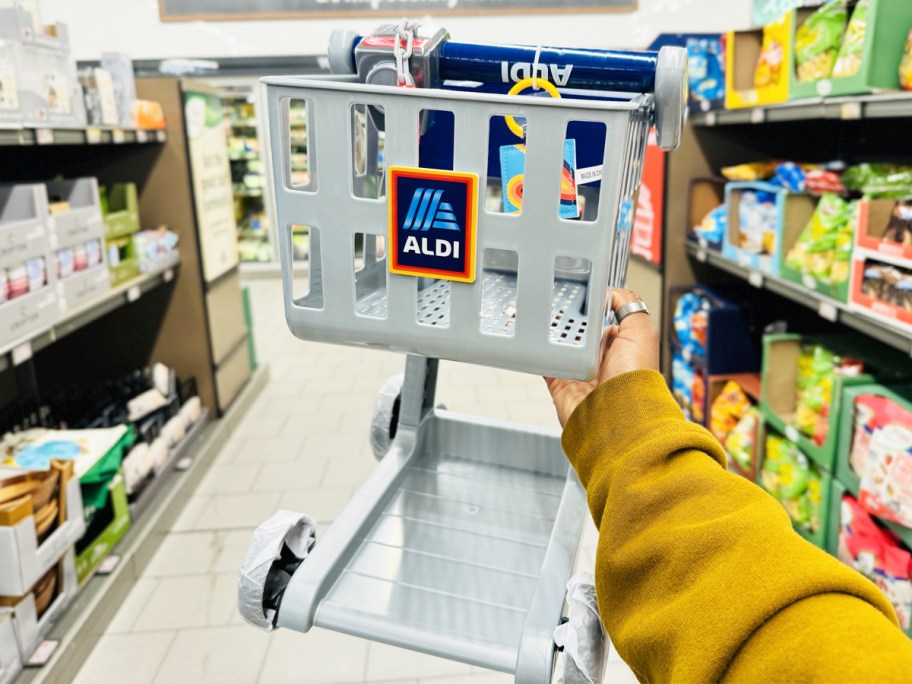 hand holding up an ALDI toy shopping cart