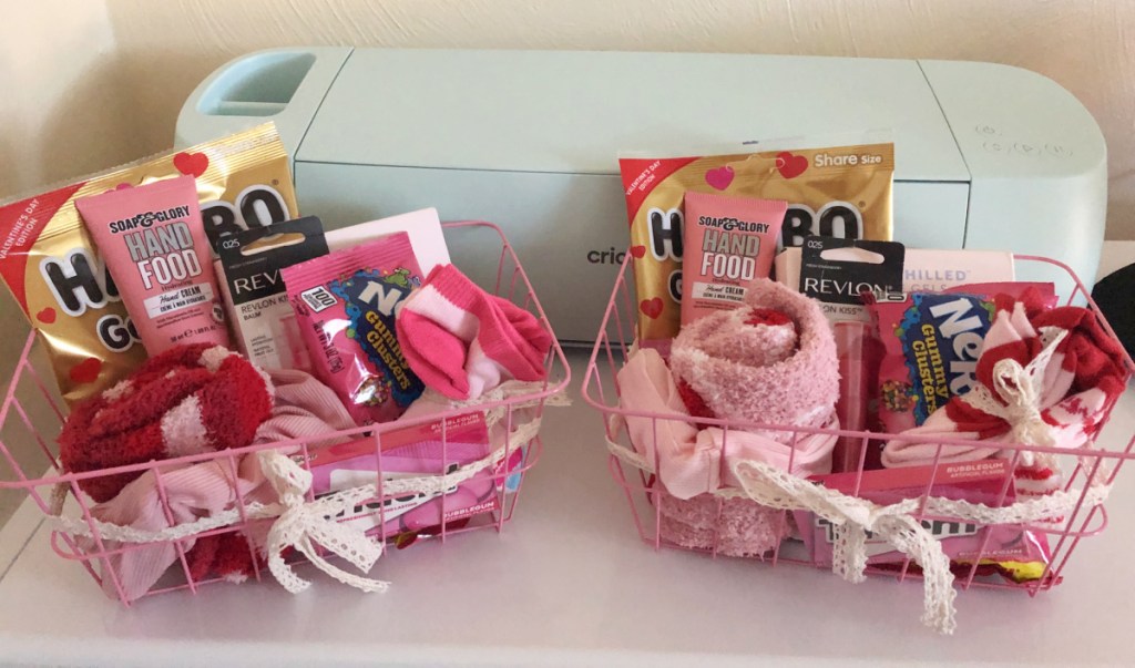 Two affordable Valentine's Day gift baskets filled with pink items and gifted for "Galentine's Day"