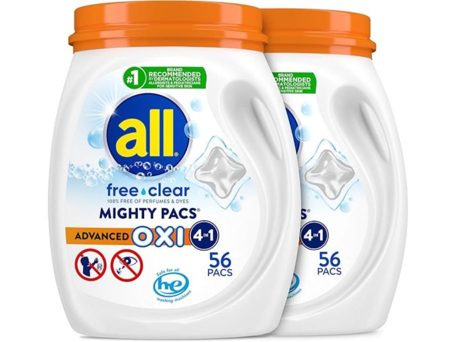 All Mighty Pacs Laundry Detergent w/ OXI Stain Removers & Whiteners 56-Count 2-Pack stock image