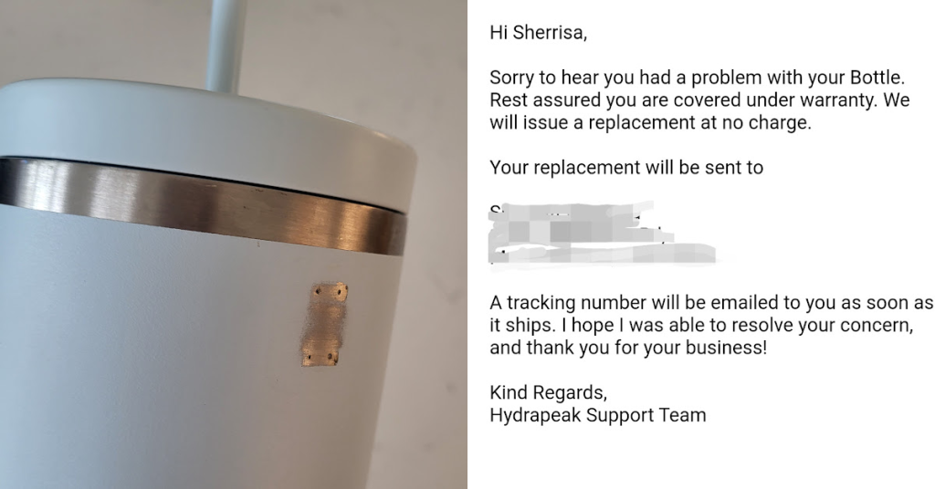 A broken Hydrapeak tumbler next to the customer service letter from the company