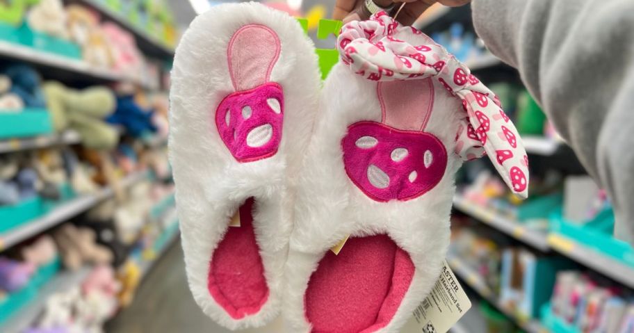 mushroom plush slippers with matching headband