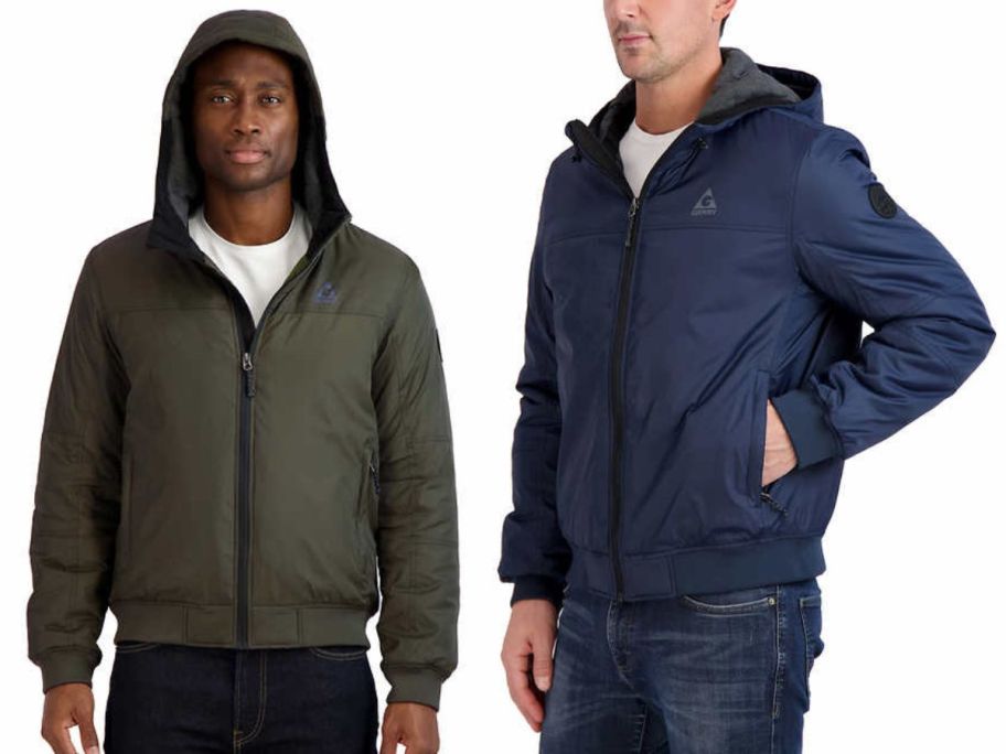 2 men wearing Gerry Men’s Hooded Bomber Jacket in green and navy