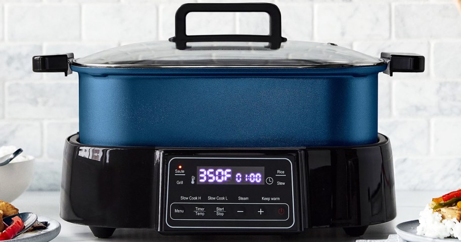 blue and black GreenPan Multi-Cooker on kitchen counter