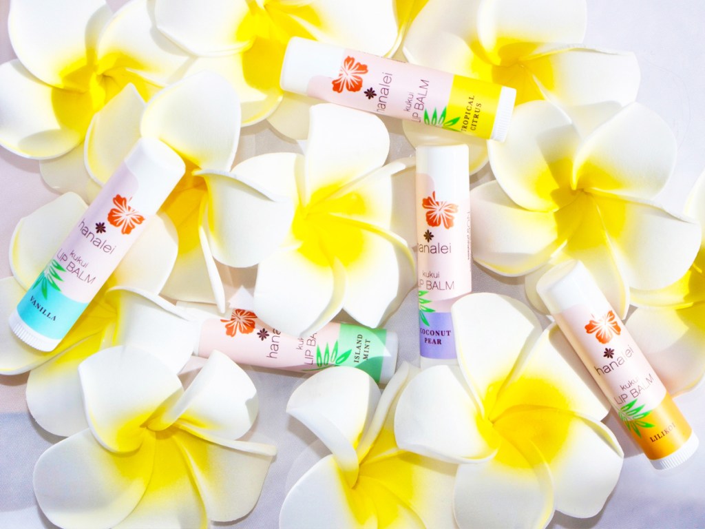 Hanalei Lip Balms in white and yellow plumeria flowers