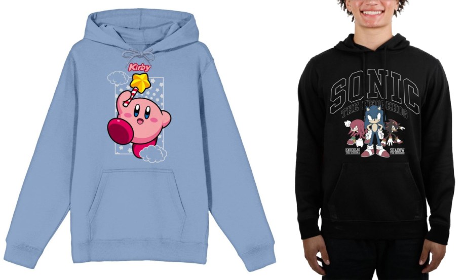 Kirby hoodie in purple and a sonic hoodie in black