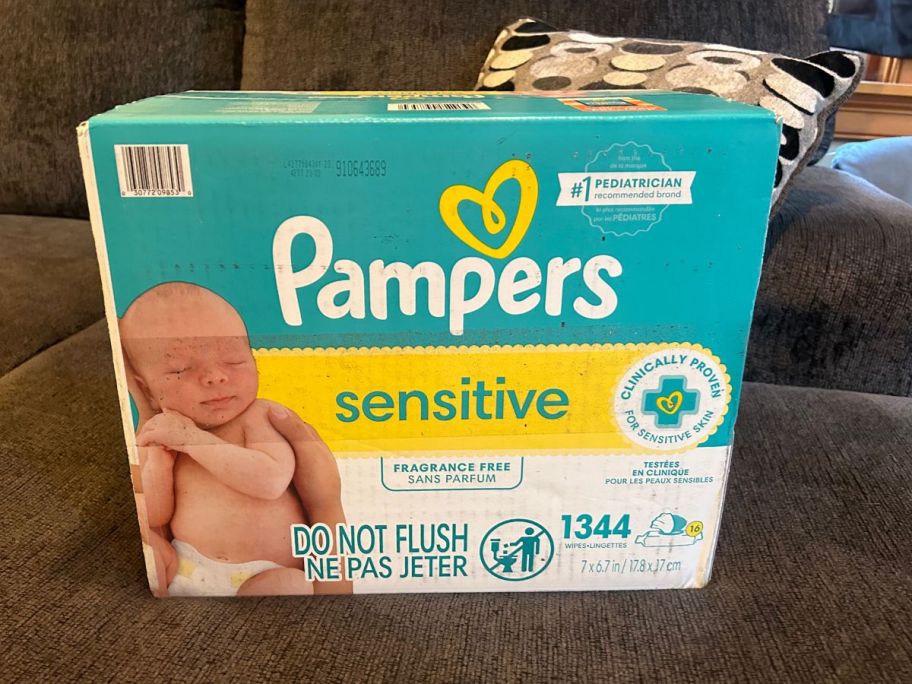 A large box of Pampers Sensitive Wipes