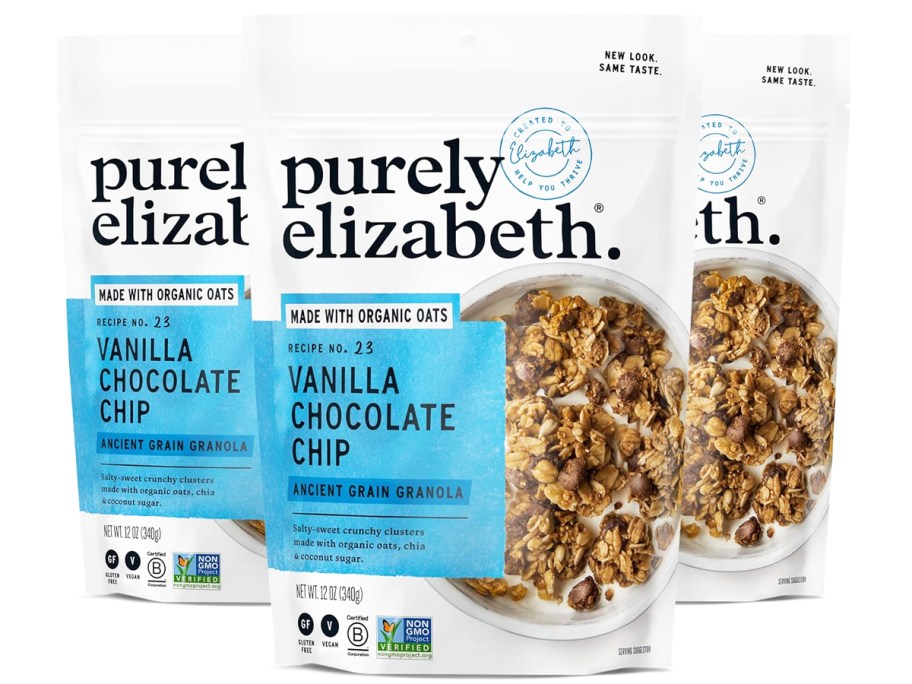 three bags of Purely Elizabeth Vanilla Chocolate Chip Granola