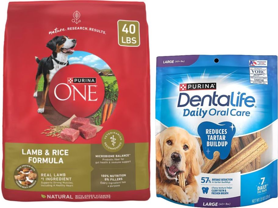 Stock image of bag of Purina Pne Dry Dog Food and a bag of Dentalife treats