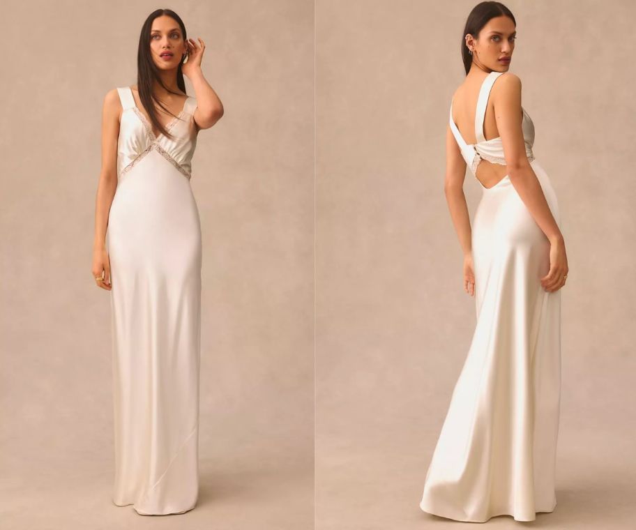 a woman wearing a white v neck sleeveless silk gown