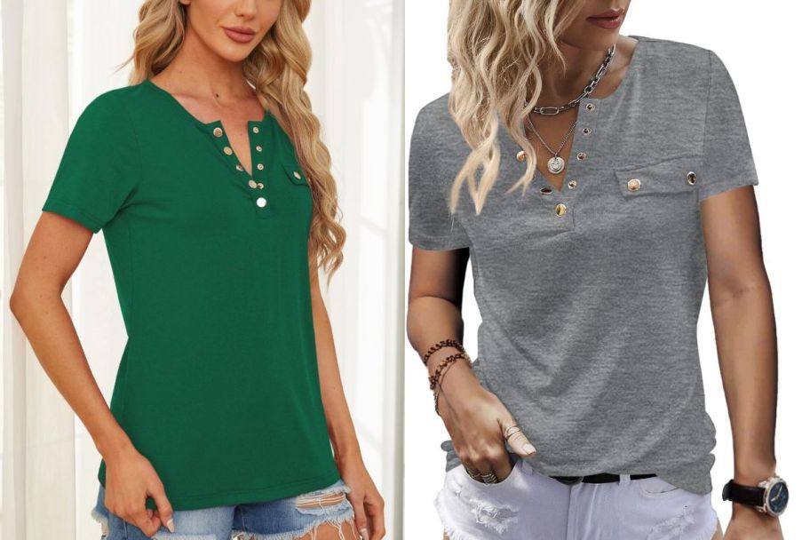 2 women wearing Short Sleeved Button Down Shirts in green and gray