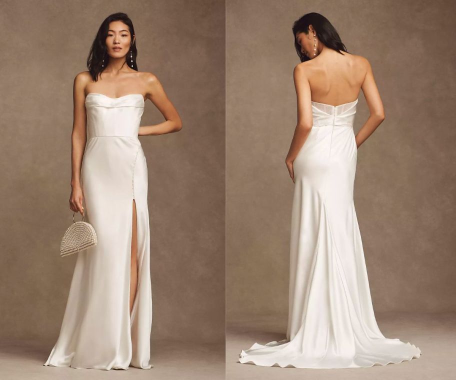 a woman in a long white satin strapless corset dress