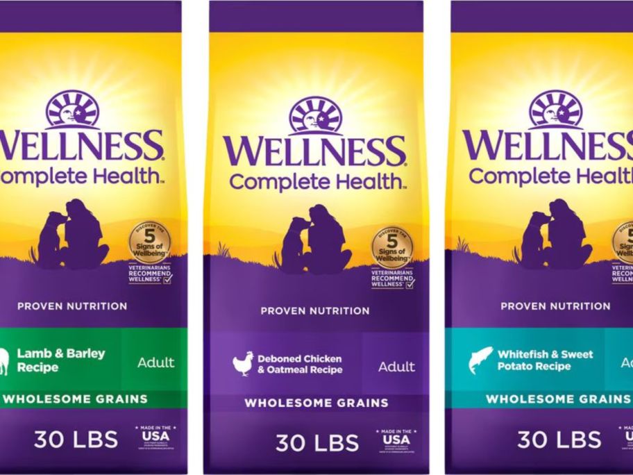 Stock images of 3 thirty pound bags of Wellness Complete Dry Dog Food