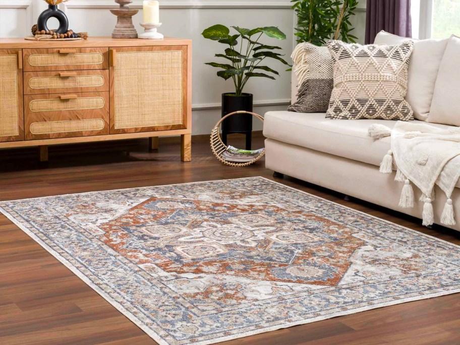 brown and blue area rug with design on floor next to white couch and table