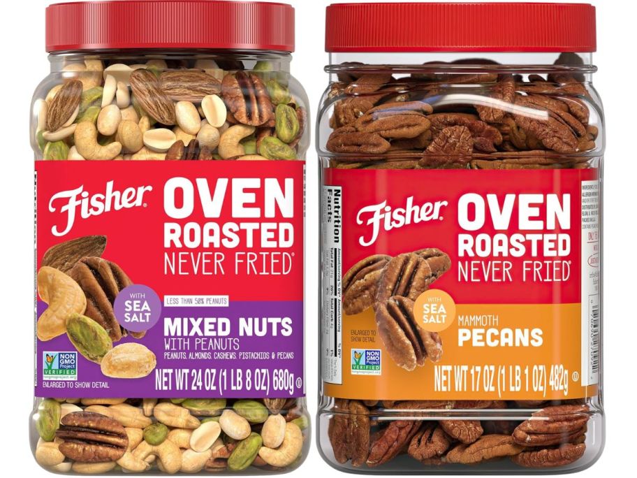 two 24 ounce containers of fisher nuts stock image