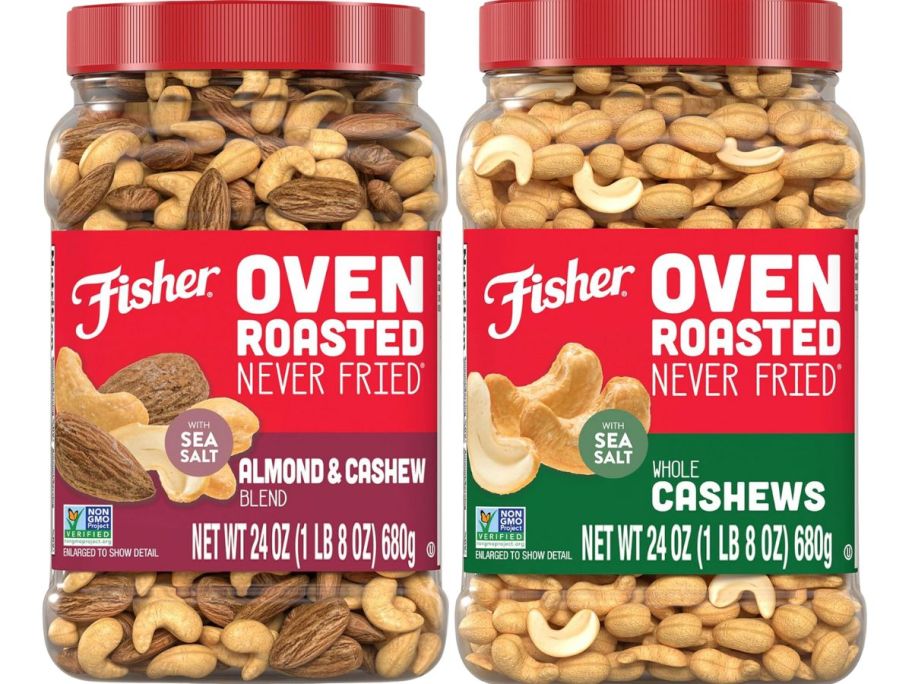 two 24 ounce containers of fisher nuts stock image