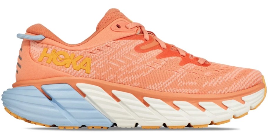 peach coral, blue and white HOKA shoe