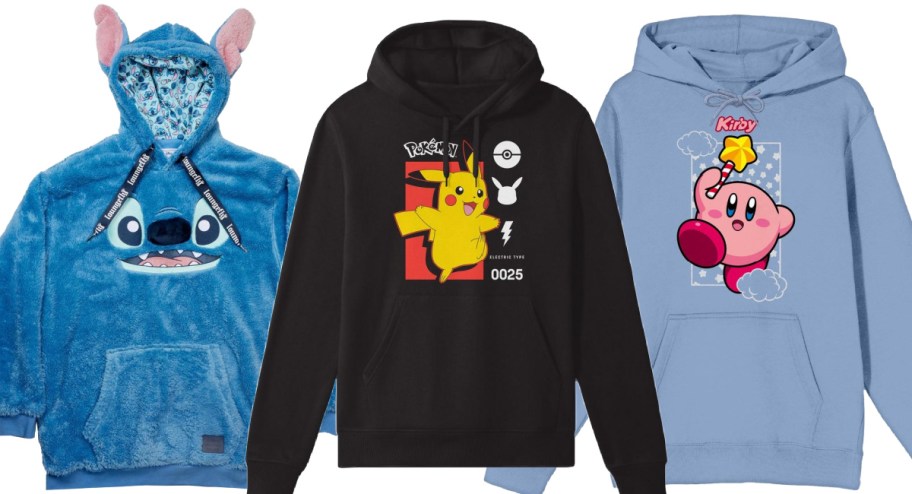 lilo & stitch sweater next to a Pokemon sweater and a Kirby sweater