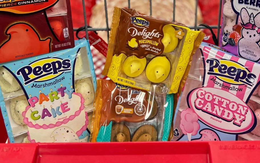 assorted peeps in a shopping cart 