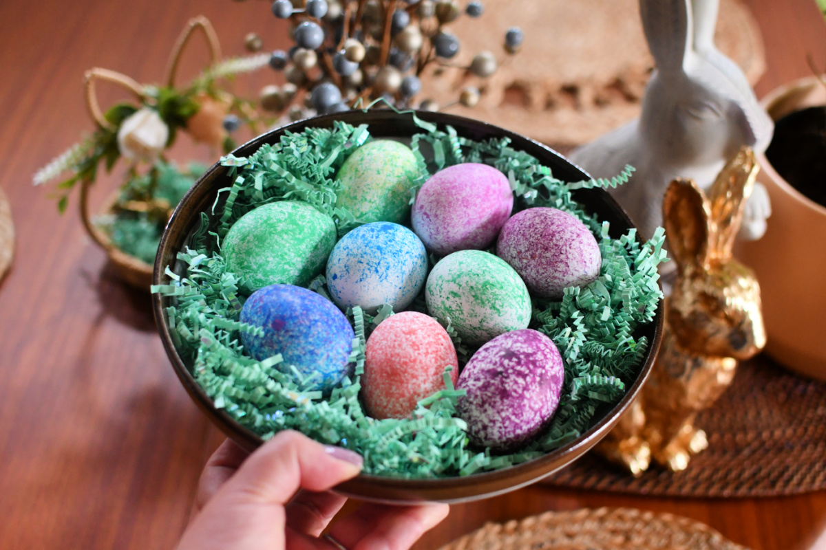 plate with easter speckled dyed eggs
