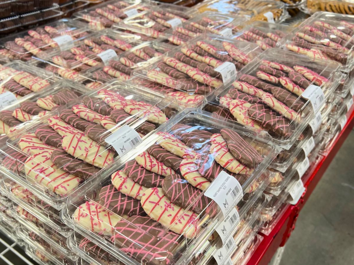 stacked clam shells of sams club heart shaped sugar cookies in store