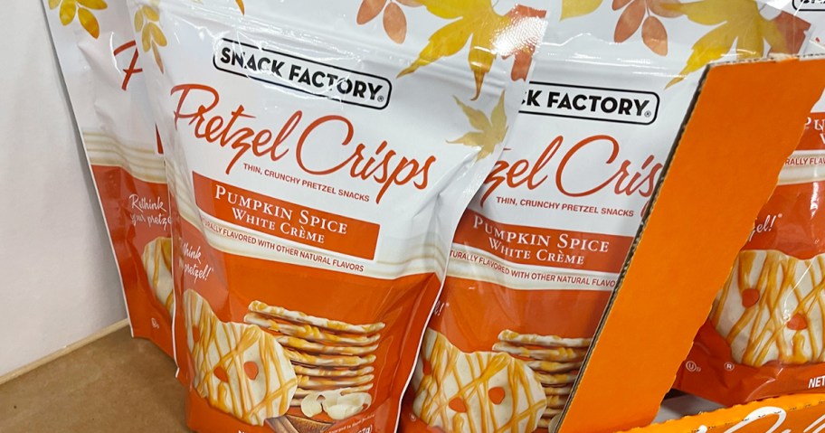 two bags of pumpkin spice pretzel crisps