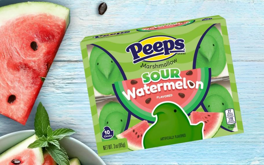 a 10 pack of sour watermelon peeps next to a slice of watermelon