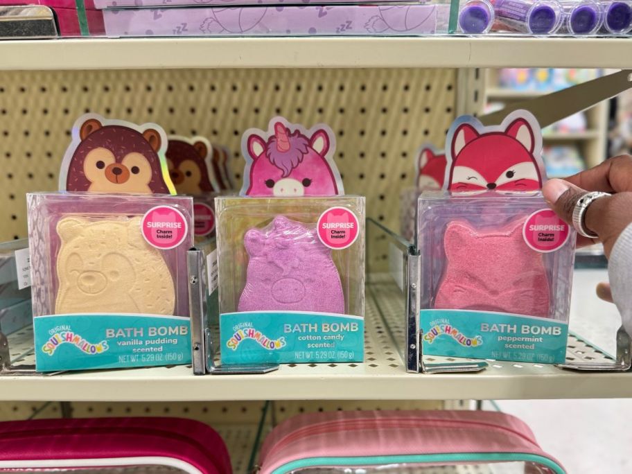 large Squishmallows bath bombs in packaging on shelf