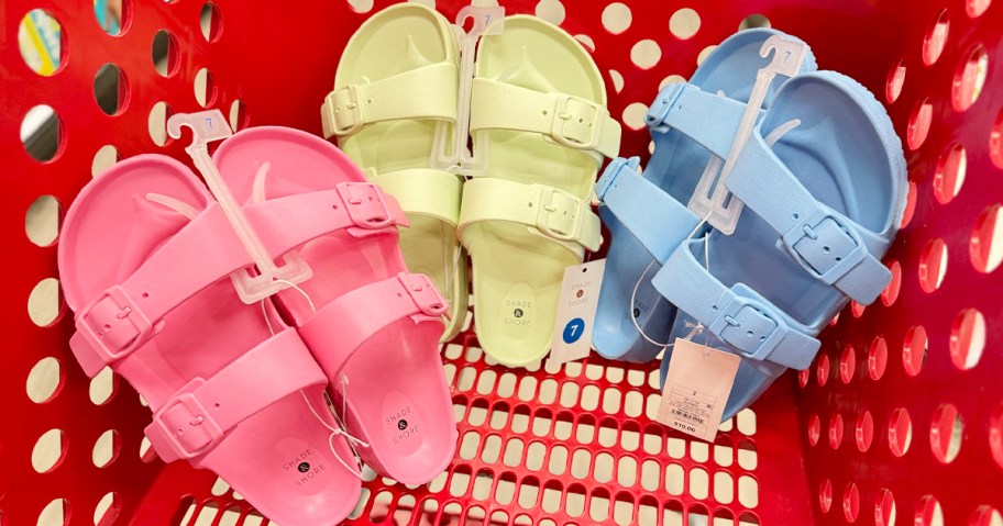 pink, green, and blue target sandals in Target shopping cart