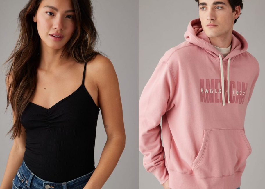 woman wearing black bodysuit and man wearing pink hoodie