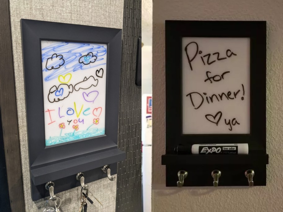 black framed dry erase boards with key hooks on walls 