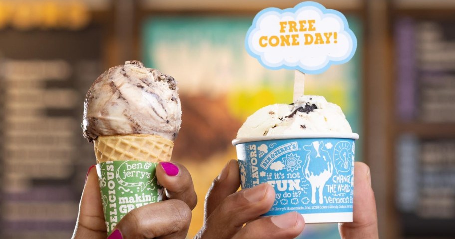 two hands holding up ice cream cone and scoop in a cup