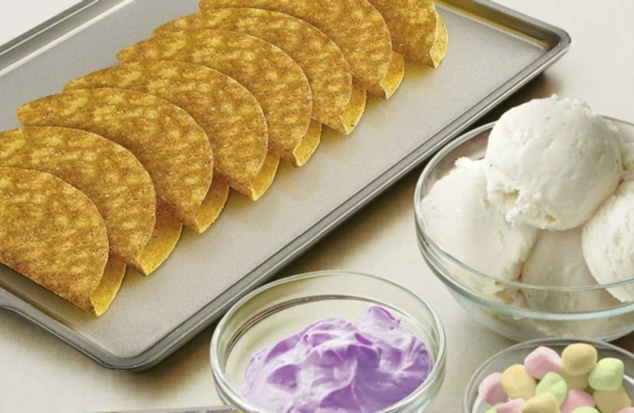 a dessert bar featuring Cinnamon toast crunch taco shells by old el paso