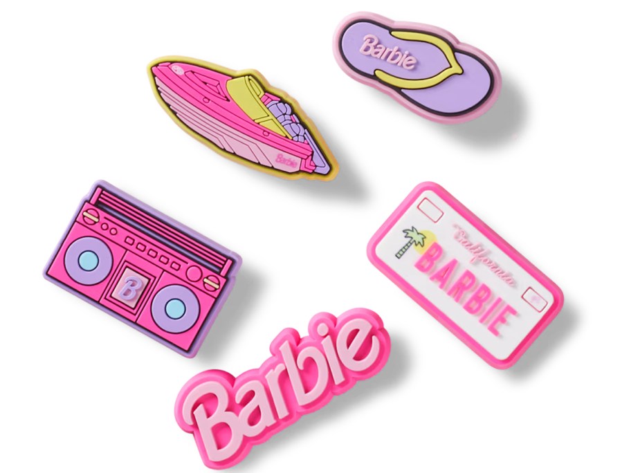 Crocs Barbie Jibbitz 5-Pack including Barbie logo, car tag, boat, flip flop, and boom box