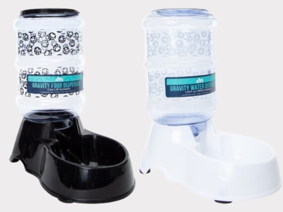 Black Pet Food Dispenser and White Pet Water Dispenser