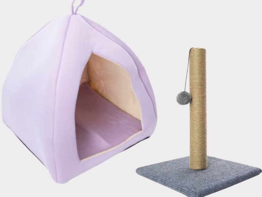 light purplish pink Cat hut and a Cat Scratcher