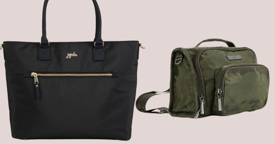 Jujube eco tote in black and bestie bag in camo green