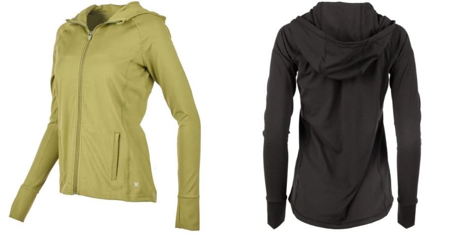 side view of green hooded zip up jacket and back view of hooded zip up jacket