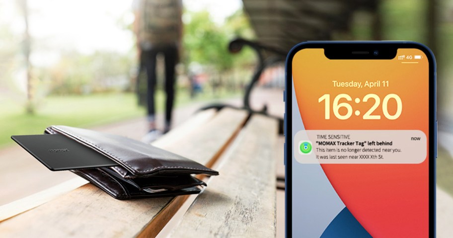 wallet with tracker card left on park bench with iphone showing left behind alert