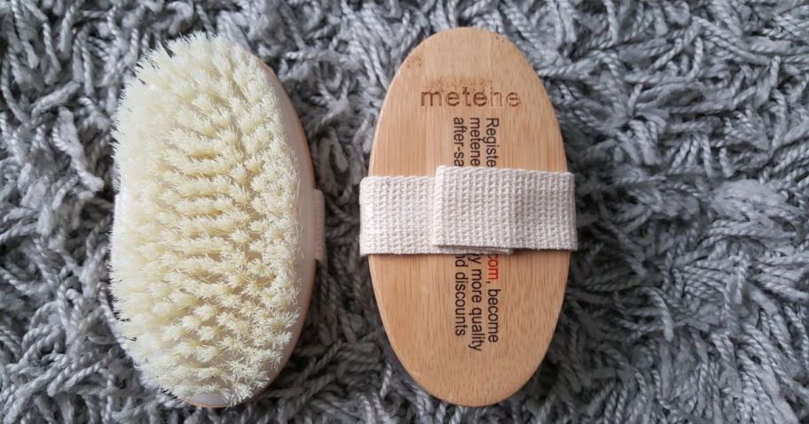 Metene 2 Pack Dry Body Brushes on a carpet 