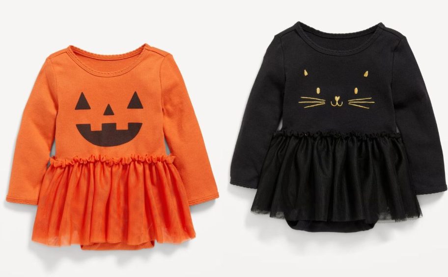 Stock images of Pumpkin and Black Cat tutu halloween dresses for babies from Old Navy