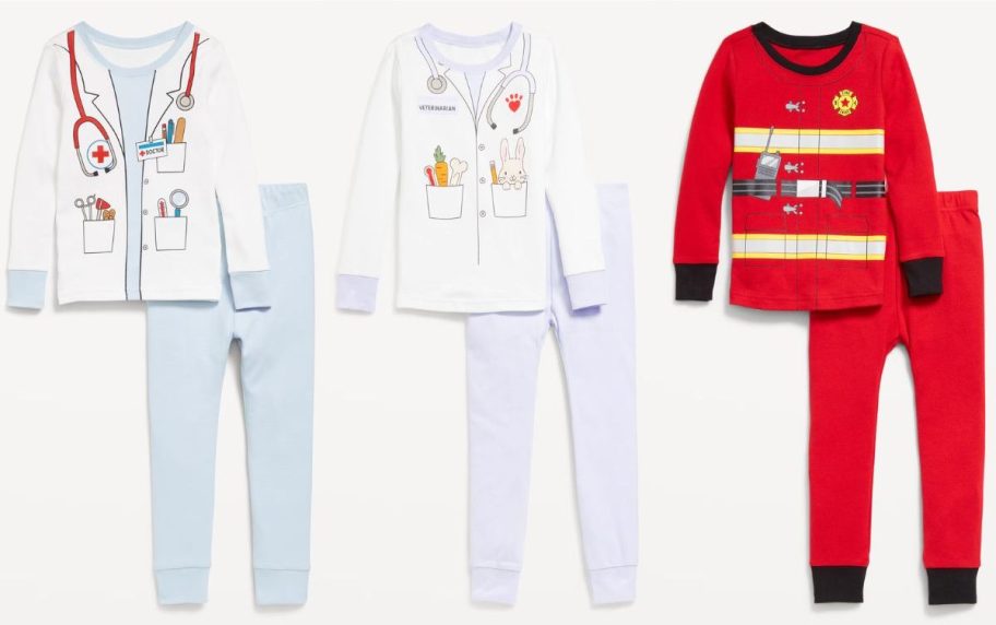 Stock images of doctor, veterinarian, and fireman costume pajamas from Old Navy