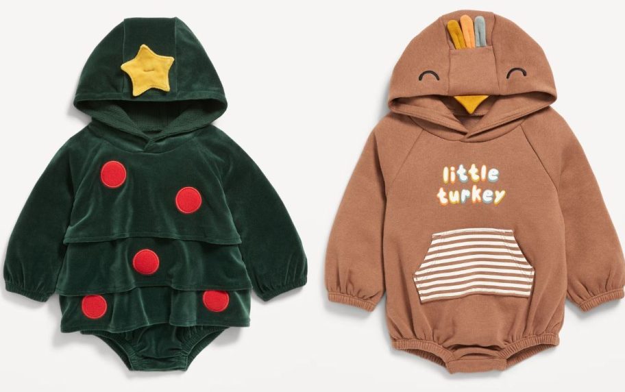 Stock images of Old Navy holiday tree and turkey rompers for baby