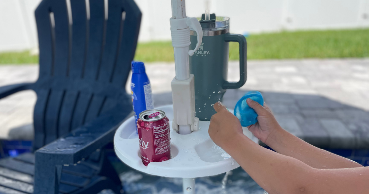 tray attached to patio umbrella