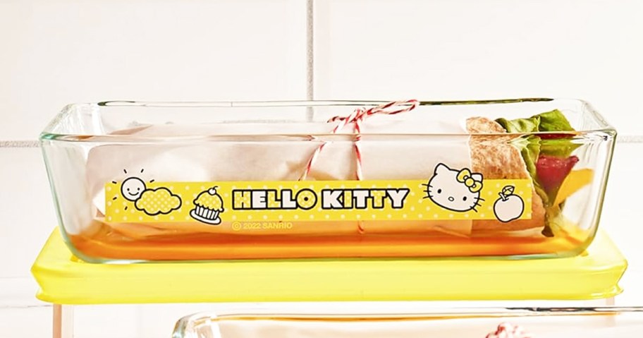 rectangle hello kitty glass storage container on yellow lid